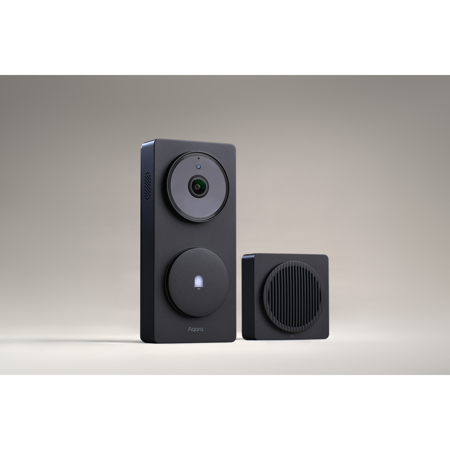 Black Aqara doorbell and chime set. The doorbell has a camera and a button. The chime is a small, square speaker.