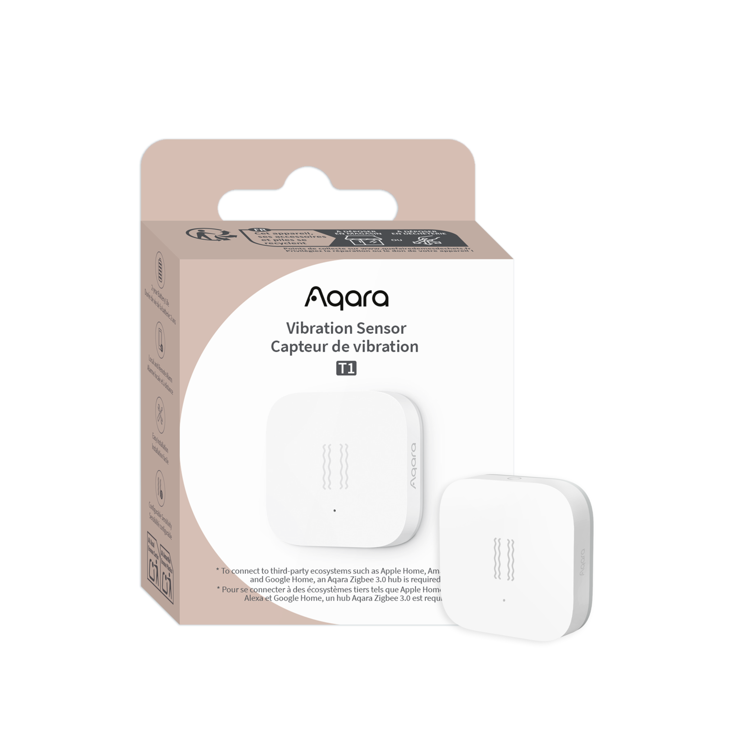 Box with a white Aqara vibration sensor. Features include a 2-year battery life, easy installation, and configurable sensitivity.