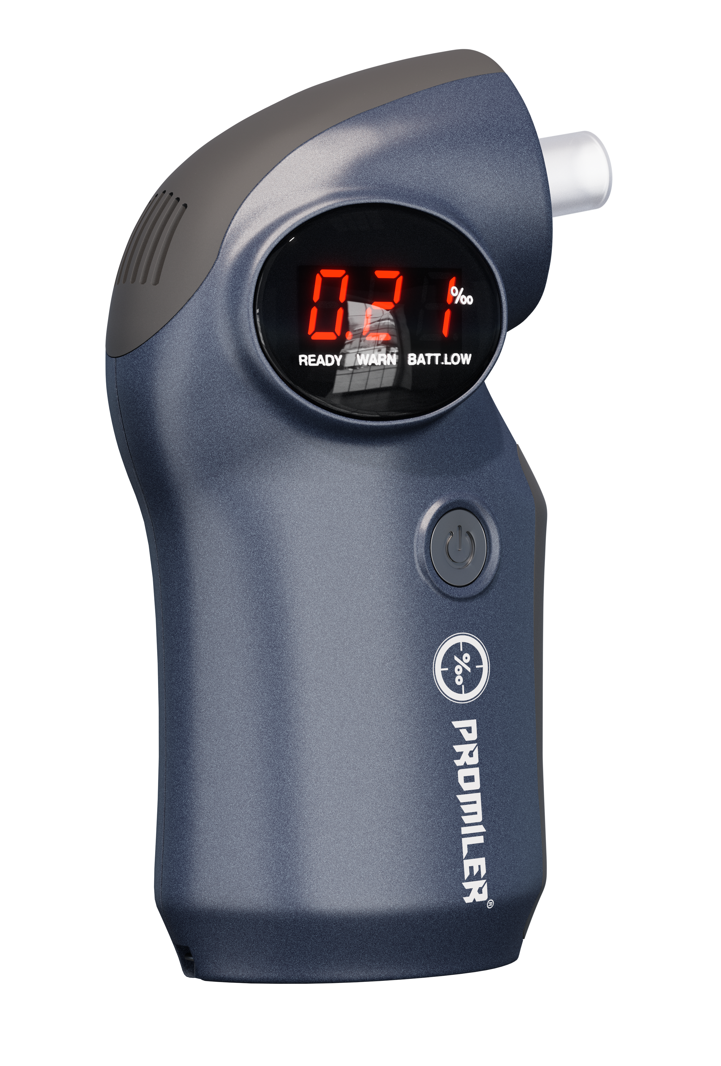 Niebieski przenośny alkomat wyświetla 0,21% na czerwonym ekranie. Posiada przycisk zasilania i logo Promiler.