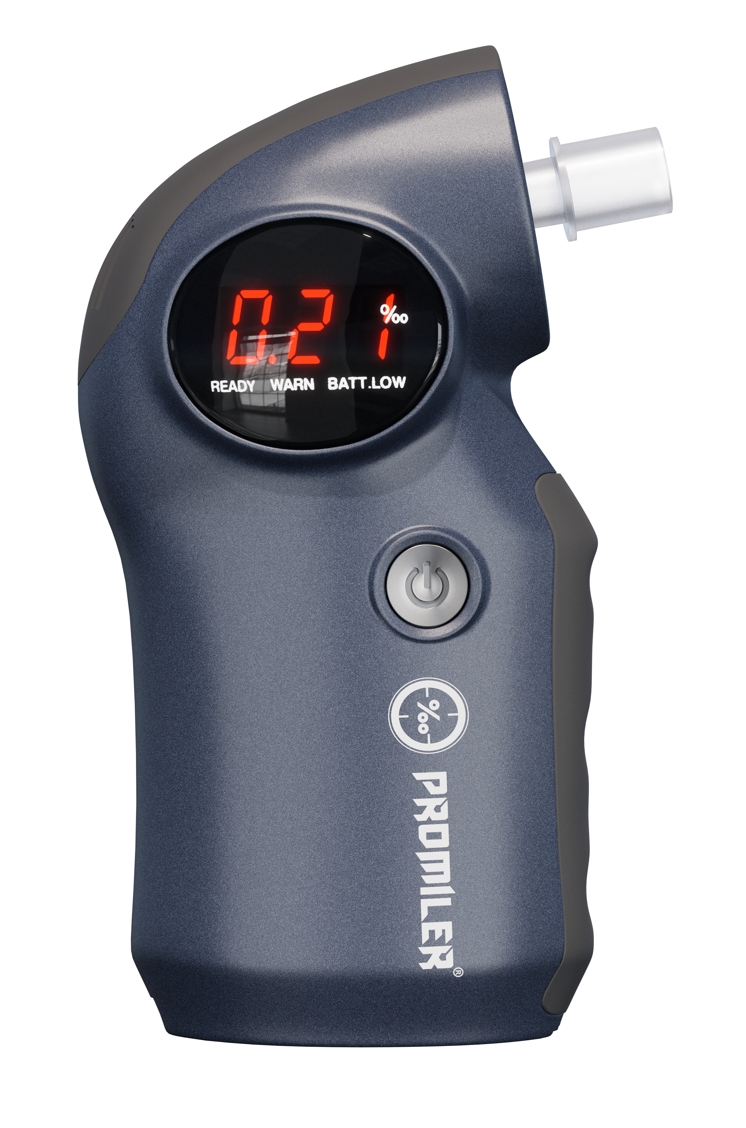 Przenośny alkomat z cyfrowym wyświetlaczem pokazującym 0,21% alkoholu. Jest granatowy z szarym uchwytem i ustnikiem.