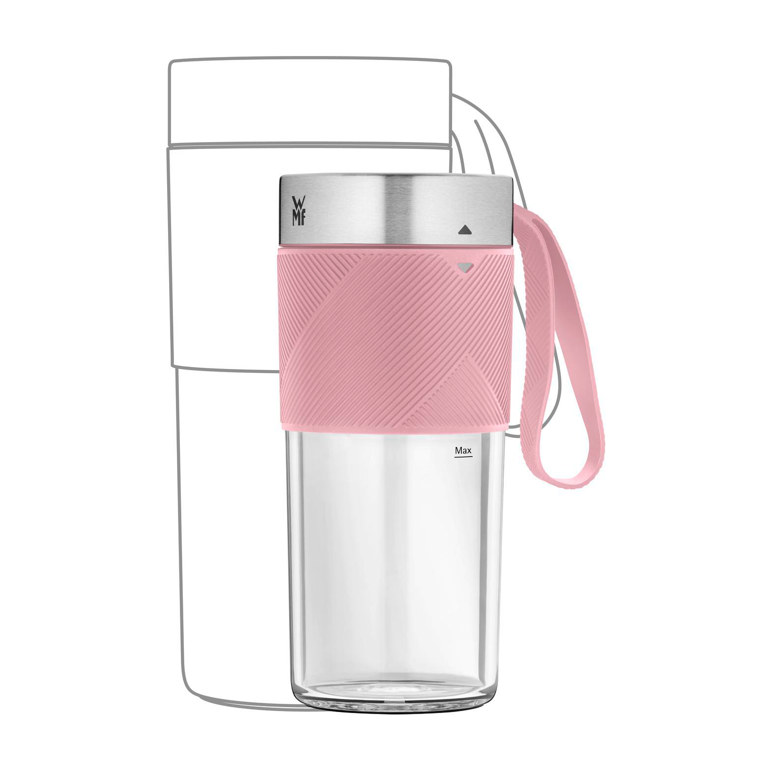 Eine rosa-silberne Mixflasche mit Griff, der Behälter ist transparent, und eine weiße Umrisszeichnung der Verpackung.
