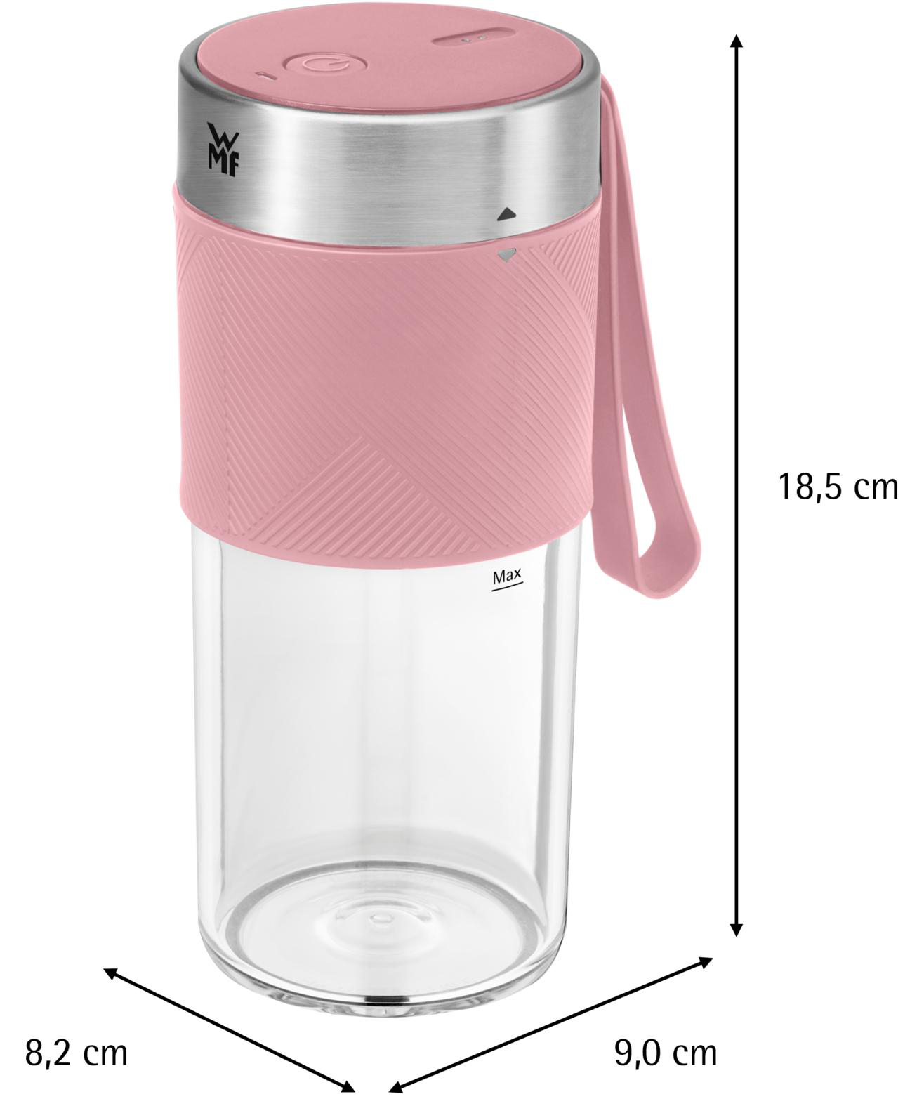 Rosa-silberner Mixer mit markierten Abmessungen. Er hat einen Griff und das Markenlogo. Die Max-Füllstandsanzeige ist sichtbar.