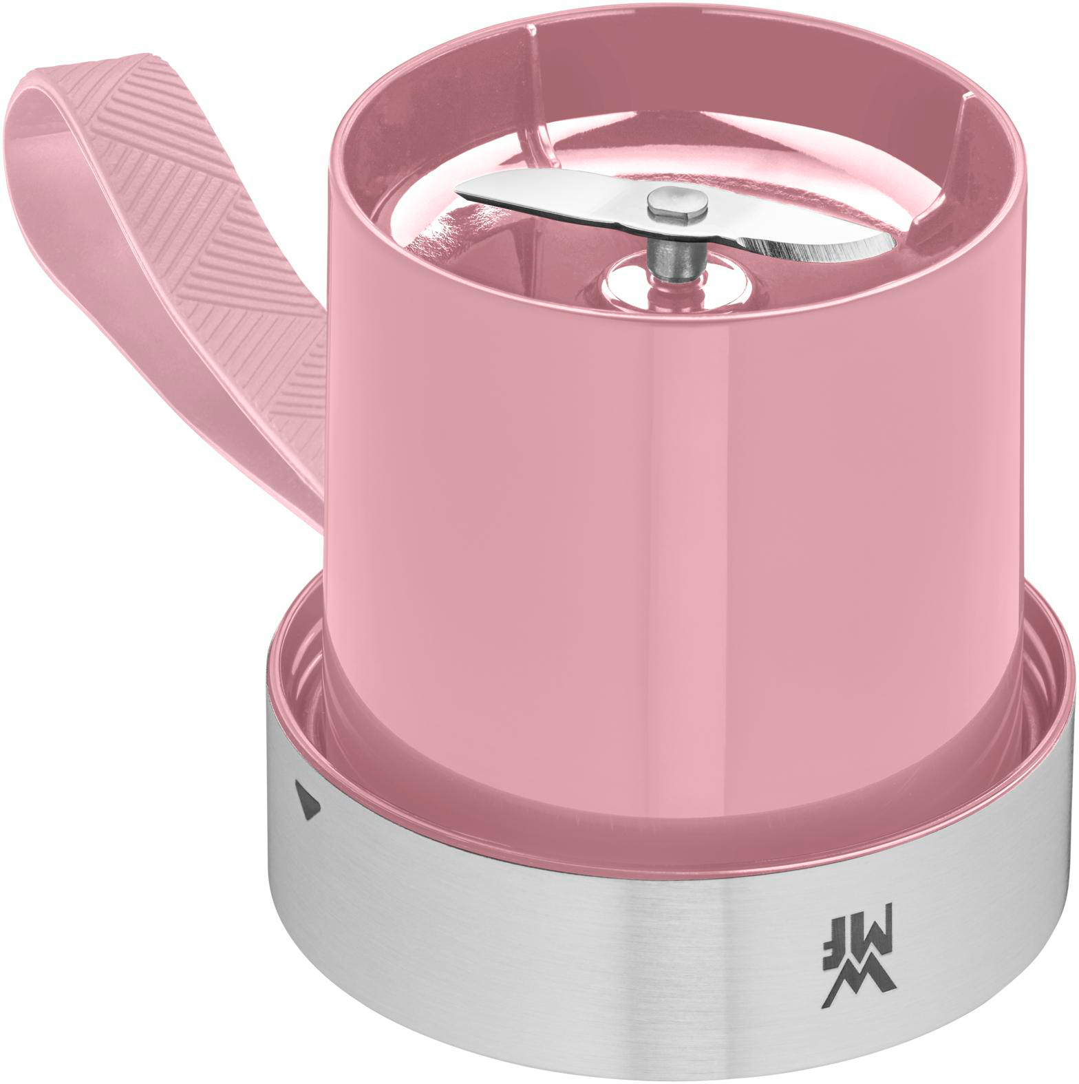 Rosa Mini-Mixer mit Edelstahlklinge. Er hat einen Griff und einen silbernen Sockel mit Logo.