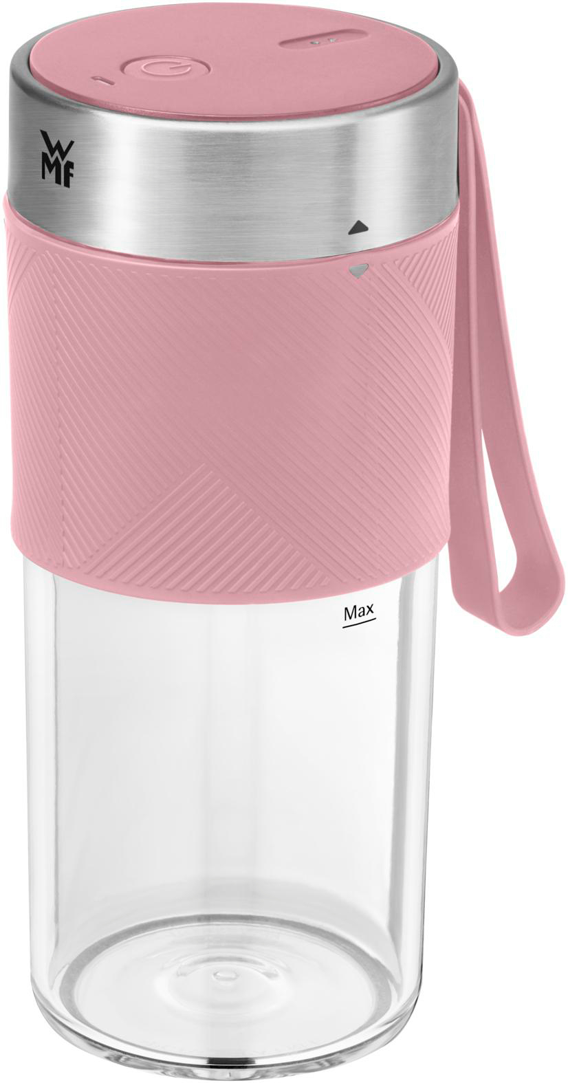 Rosa-silberner Mixer mit Griff. Klarer Glasbehälter mit rosa, strukturiertem Körper. Der Deckel hat einen Knopf und einen Griff.