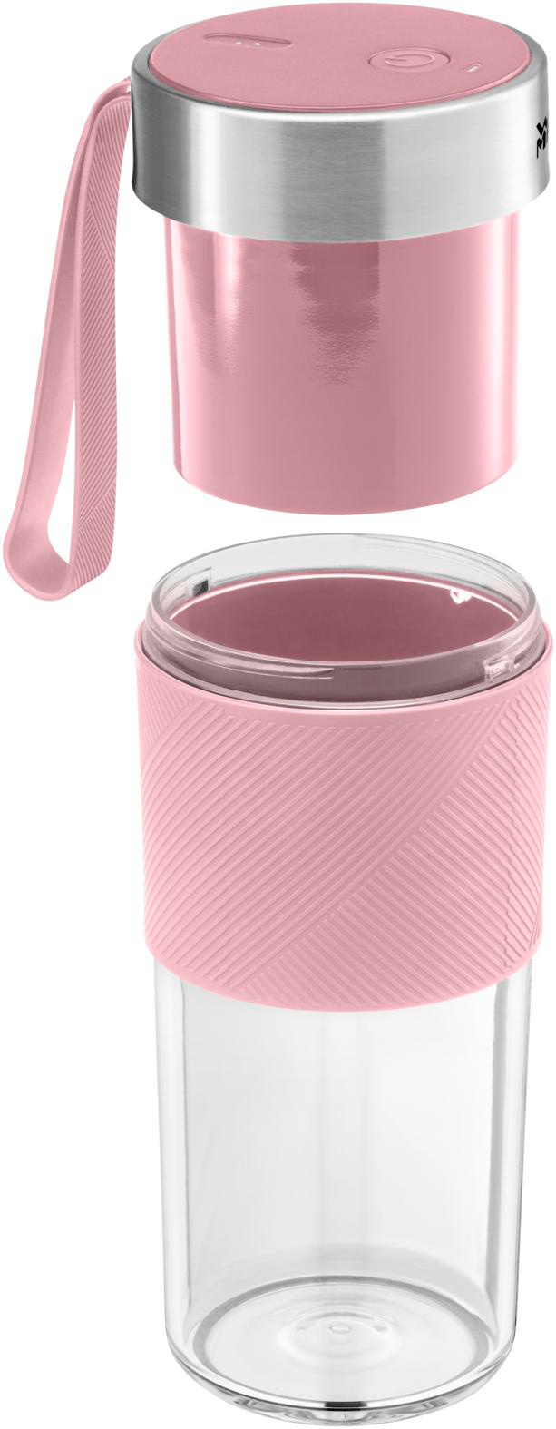 Ein rosa-silberner elektrischer Mixer. Das obere rosafarbene Teil ist abgetrennt. Der Boden ist klar mit einem rosafarbenen Band.