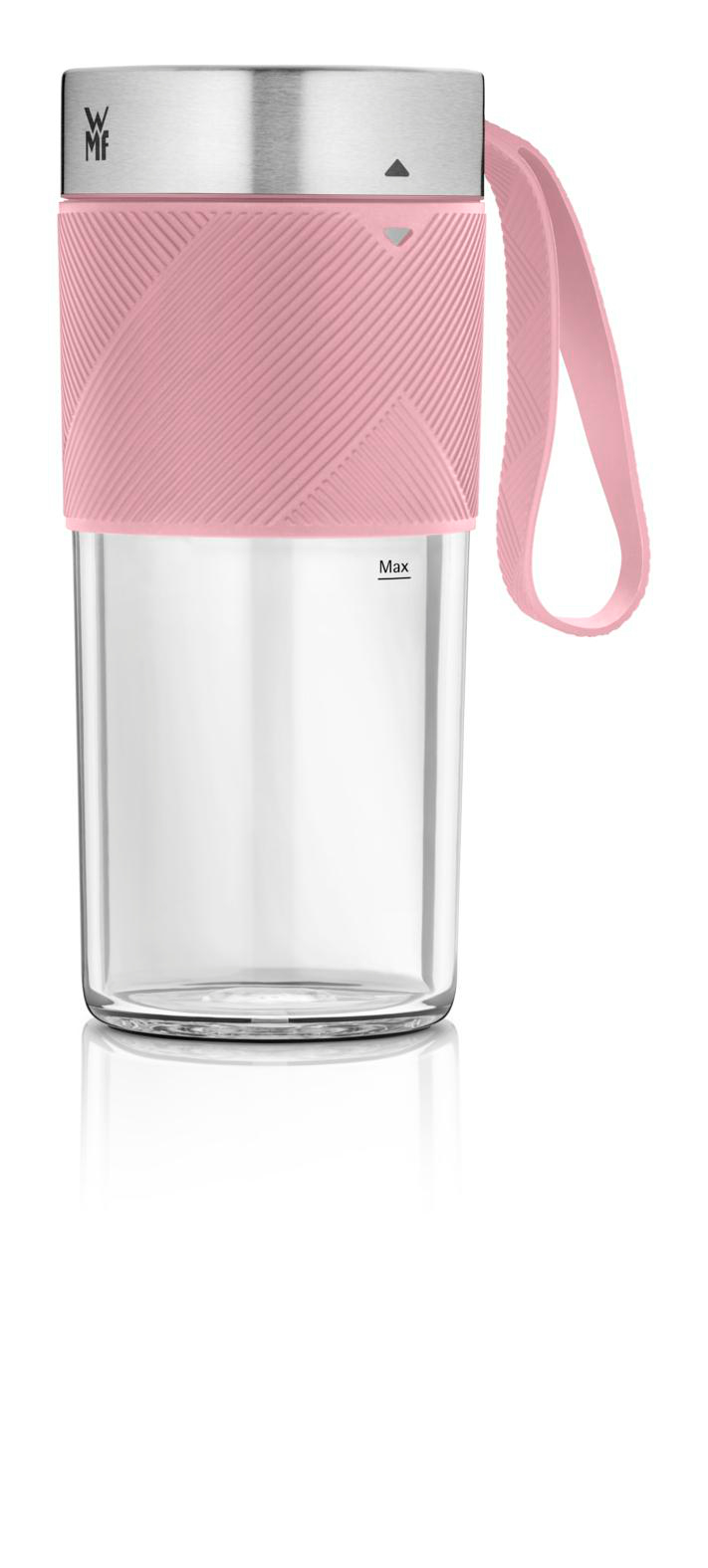 Eine klare Glasflasche mit rosa strukturiertem Band und Griff. Der Deckel ist silber. Auf dem Glas steht 'Max'.