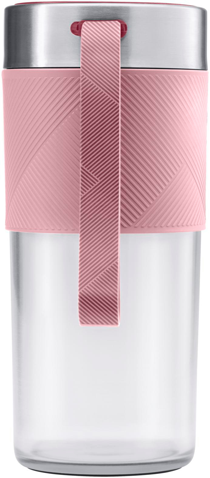 Ein klares Glas mit einem rosa Band und Griff sowie einem Deckel aus Edelstahl. Das Band und der Griff haben ein strukturiertes Design.