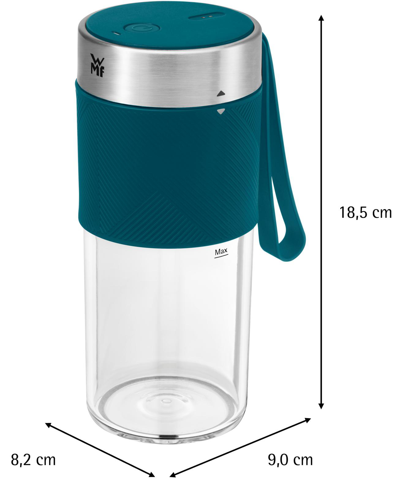 Eine blaugrüne und silberne Wasserflasche mit Griff, 18,5 cm hoch und 8,2 x 9,0 cm Grundfläche.