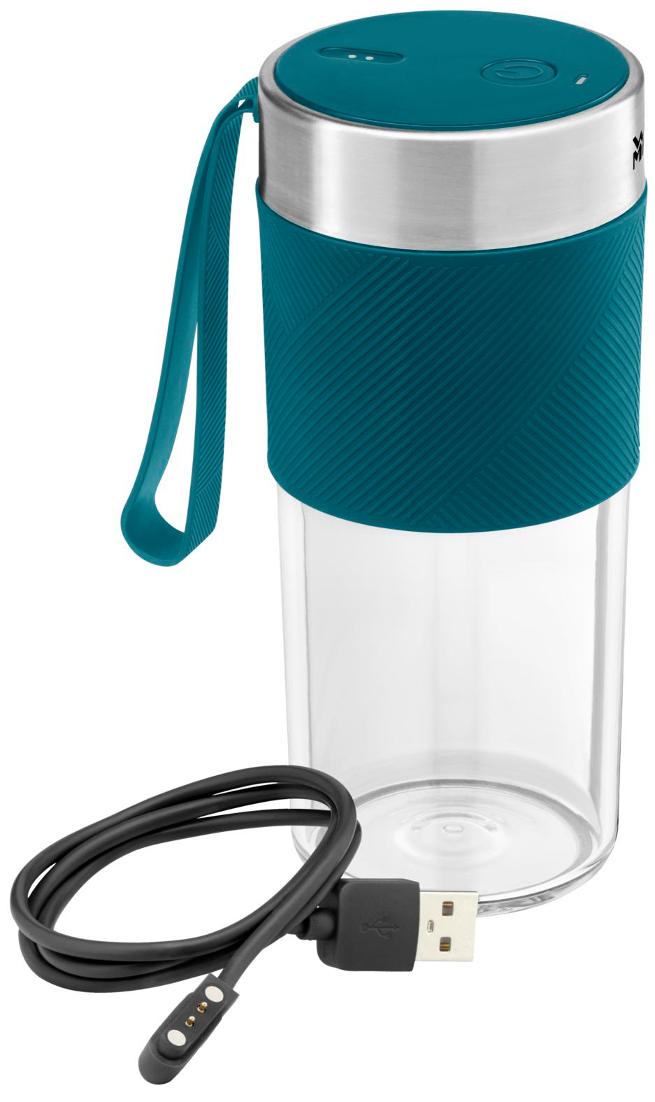 Eine teal-farbene und silberne Wasserflasche mit einem transparenten Boden. Ein schwarzes Ladekabel liegt davor.