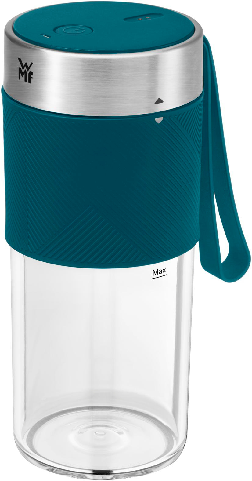 Eine teal- und silberfarbene Wasserflasche. Sie hat einen teal-Deckel und -Griff, ein silbernes Band und einen klaren Glaskörper mit einer Max-Linie.