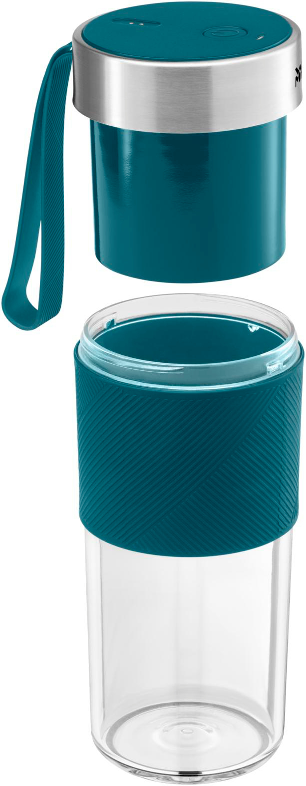 Eine zerlegte teal-farbene und transparente Wasserflasche. Sie hat einen Deckel, einen Griff und einen strukturierten Griff.