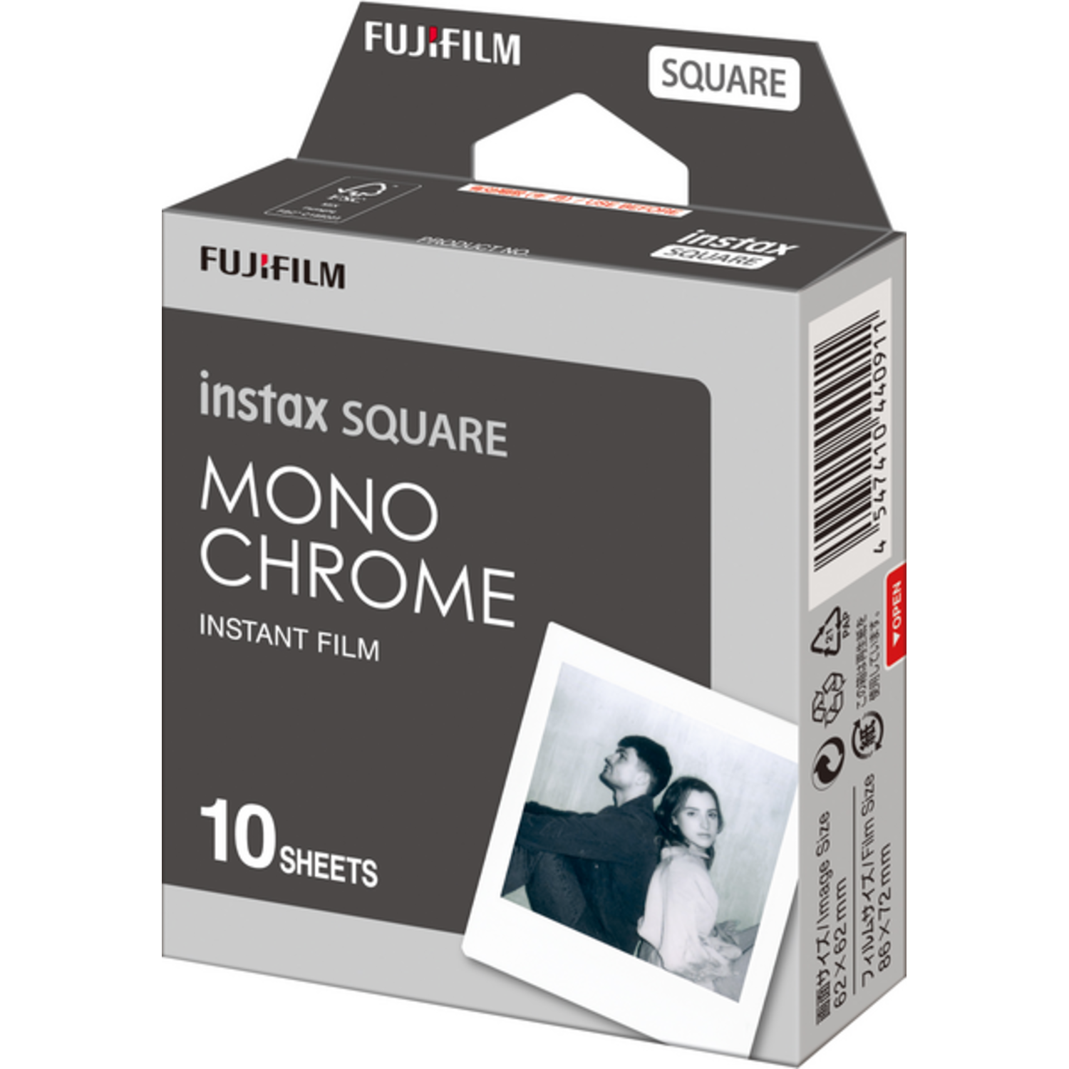 Doos met Fujifilm Instax Square Mono Chrome instant film. Bevat een foto van een stel. De doos is grijs en wit.