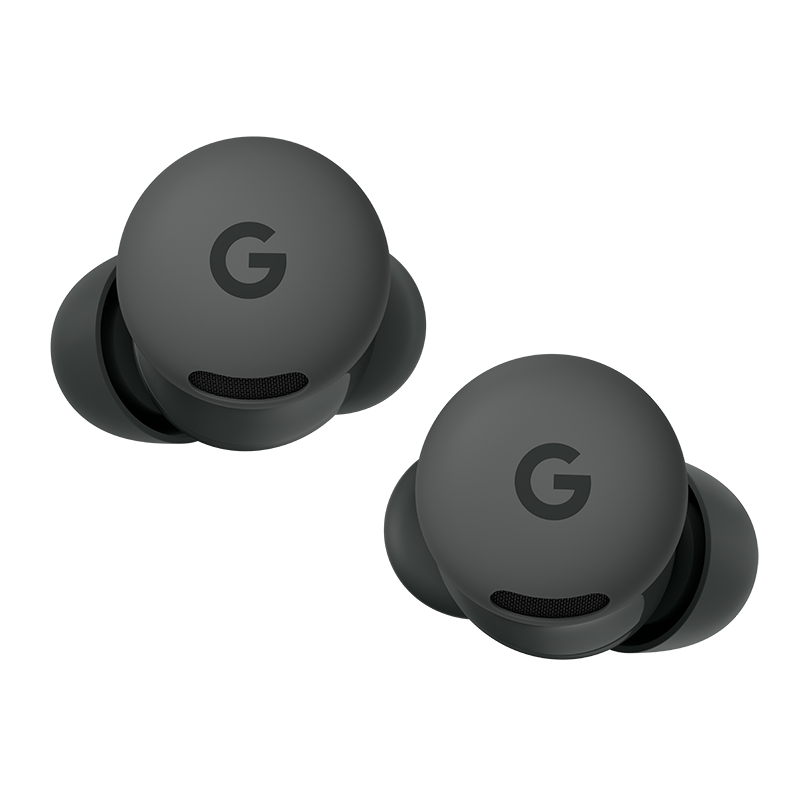 Zwei graue Google Pixel Buds. Jeder Kopfhörer hat ein 'G'-Logo und einen mit Mesh bedeckten Lautsprecher. Weißer Hintergrund.