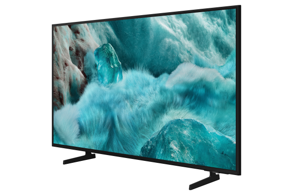 Modern bir TV, siyah bir arka plan üzerinde buz oluşumlarına benzeyen mavi ve beyaz soyut bir manzara sergiliyor.