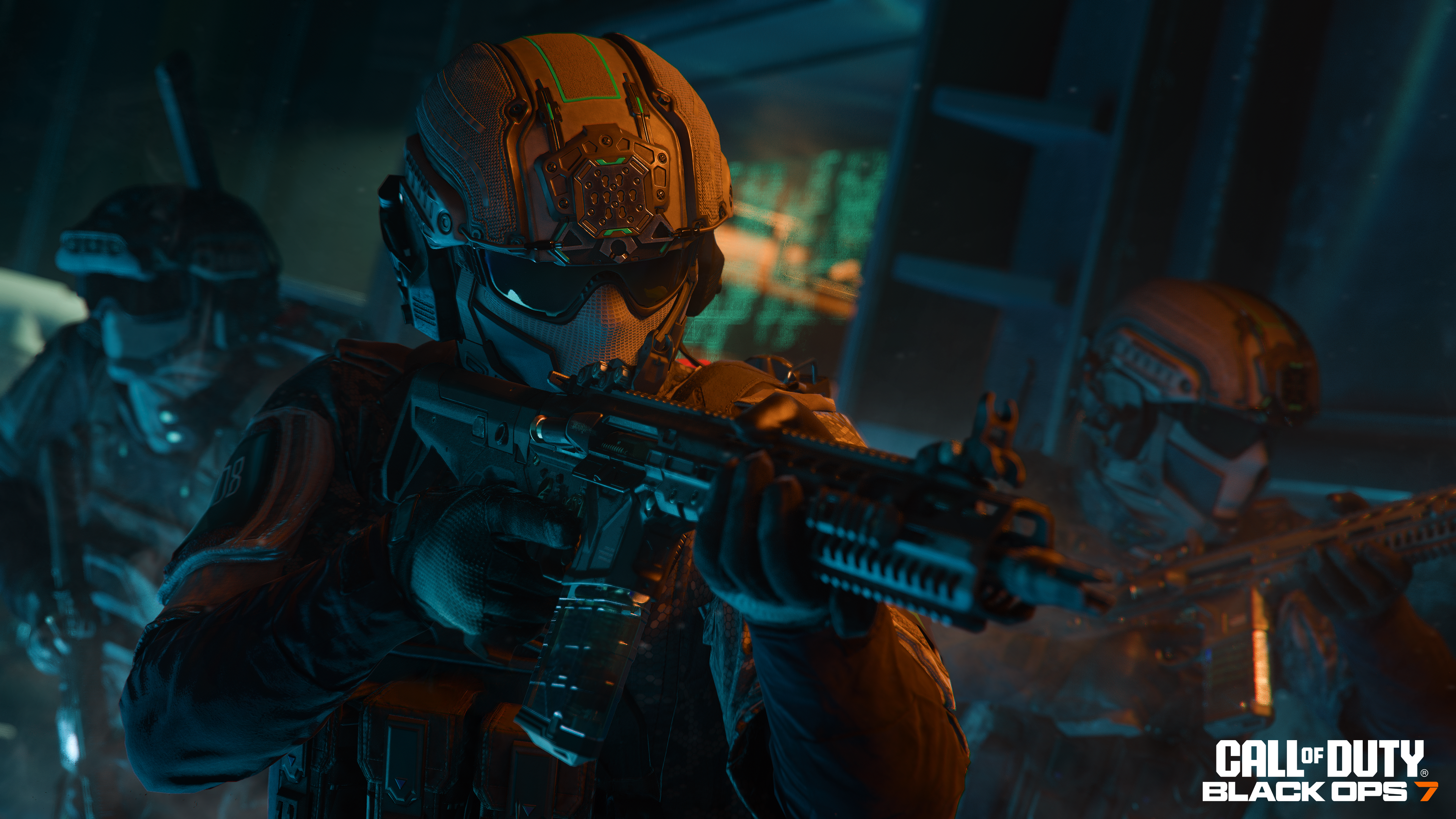 Soldaten in taktischer Ausrüstung, die Gewehre halten, in einer schwach beleuchteten Umgebung. Die Szene stammt aus Call of Duty: Black Ops 7.