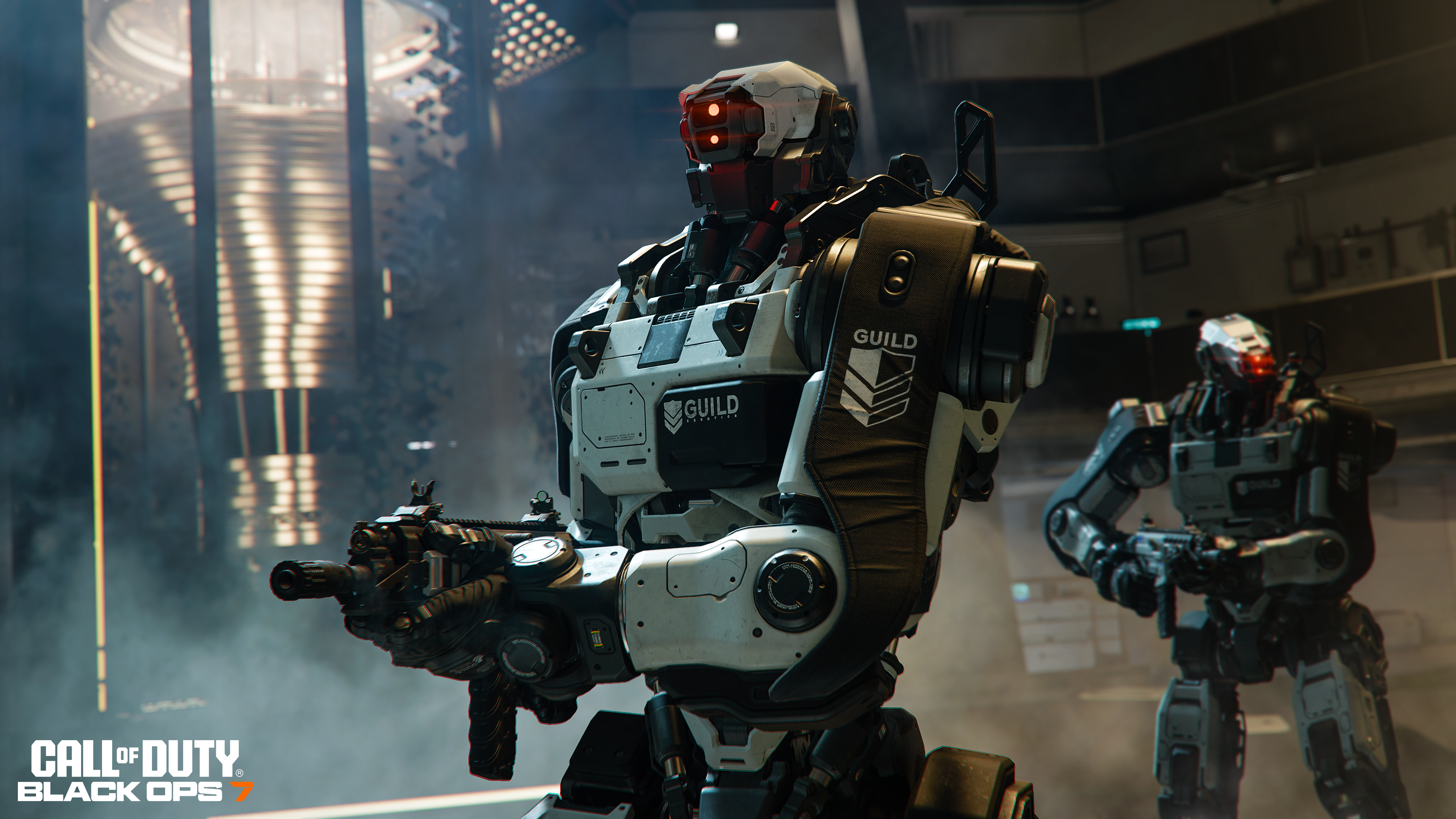 Zwei Roboter mit Waffen stehen in einer futuristischen Umgebung. Der Roboter im Vordergrund ist weiß und schwarz.