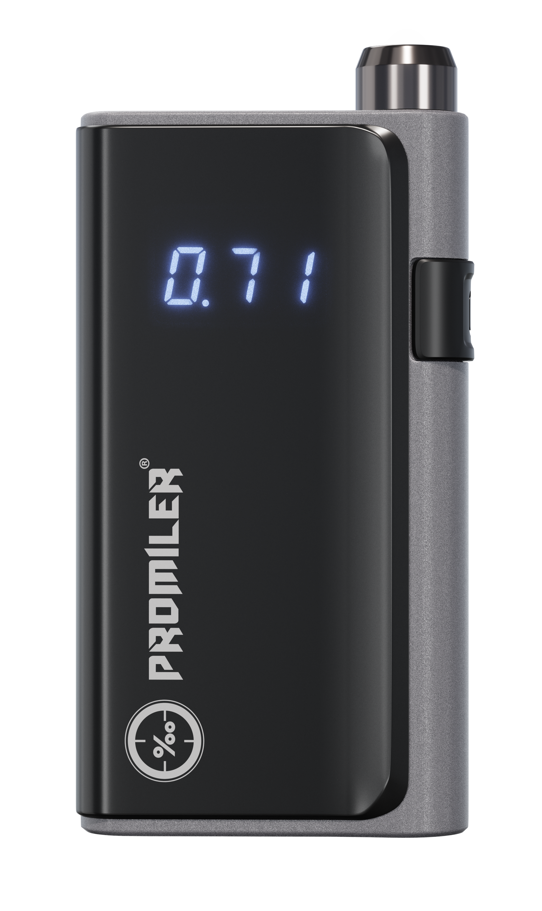 Czarno-szary alkomat wyświetla 0,71. Urządzenie ma logo i napis PROMILER.