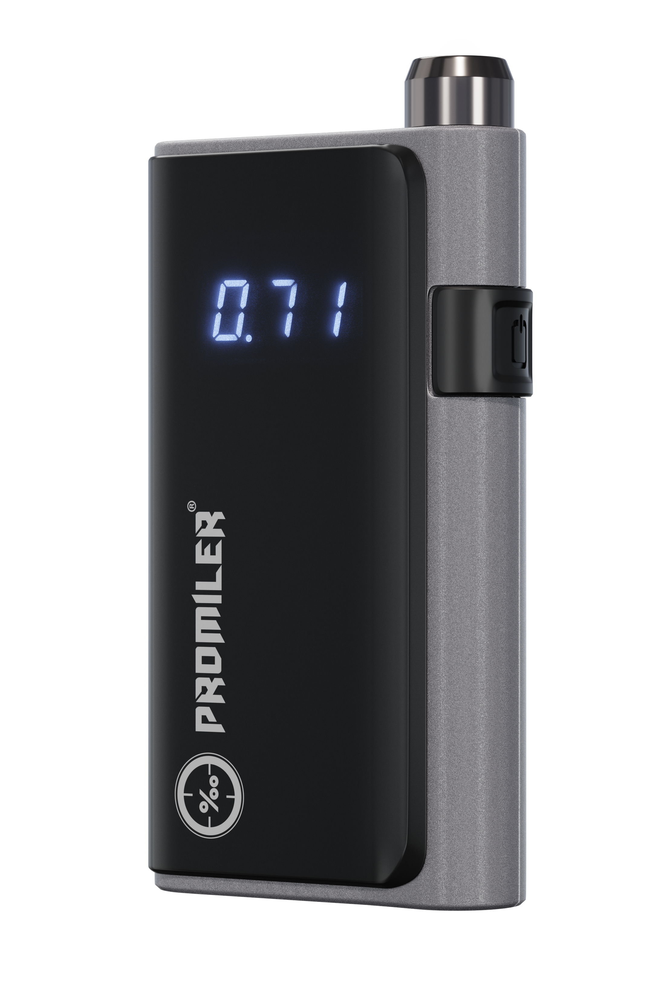 Przenośny alkomat. Czarny wyświetlacz pokazuje 0,71. Urządzenie jest szare z czarnym panelem przednim, a marką jest Promiler.