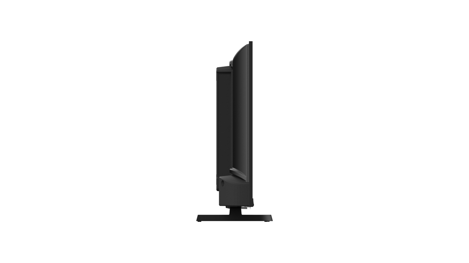 Vista lateral de un televisor de pantalla plana negro sobre un fondo blanco. El televisor está montado en un soporte.