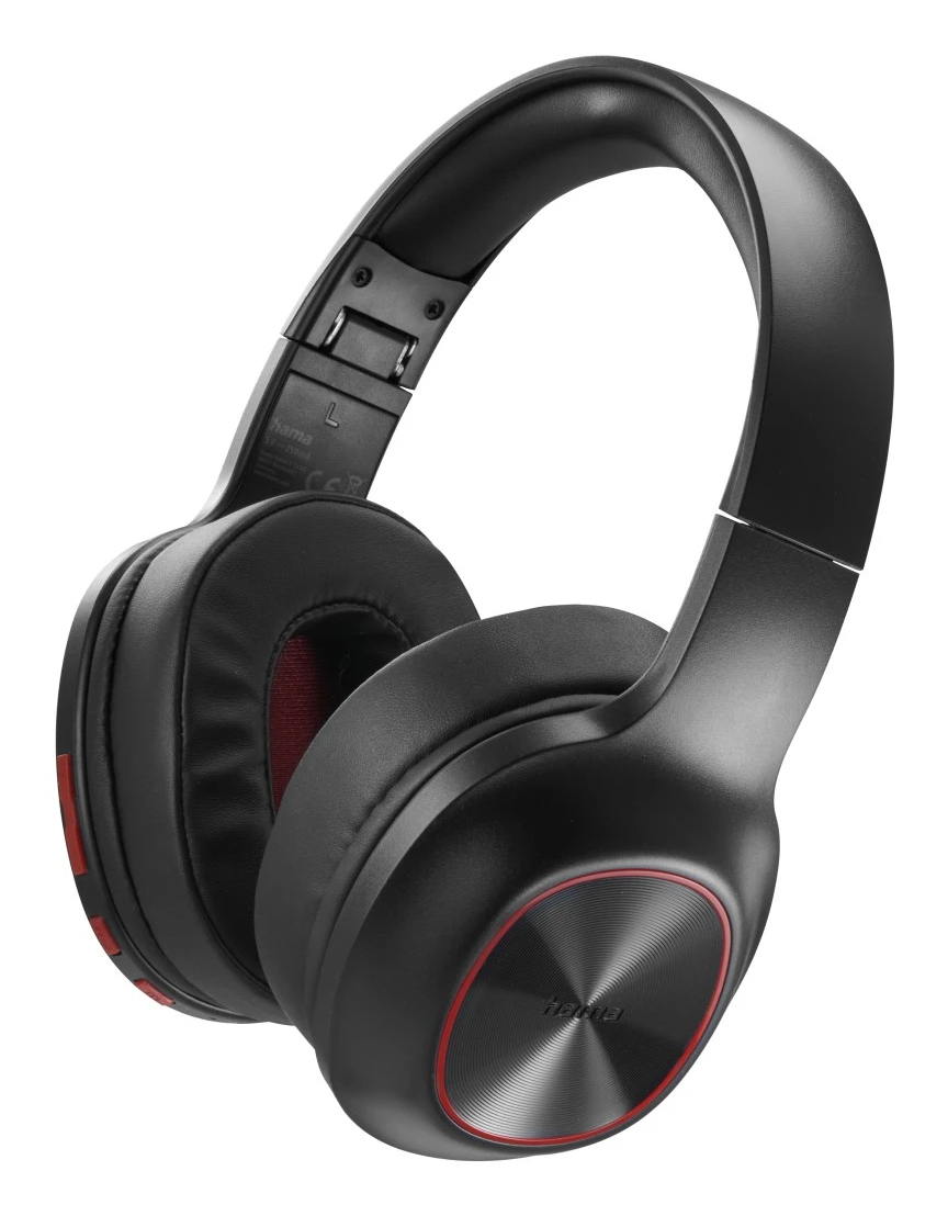 Auriculares negros con detalles en rojo. Las almohadillas y la diadema son negras. Detalles rojos rodean las orejeras. Marca en la orejera.