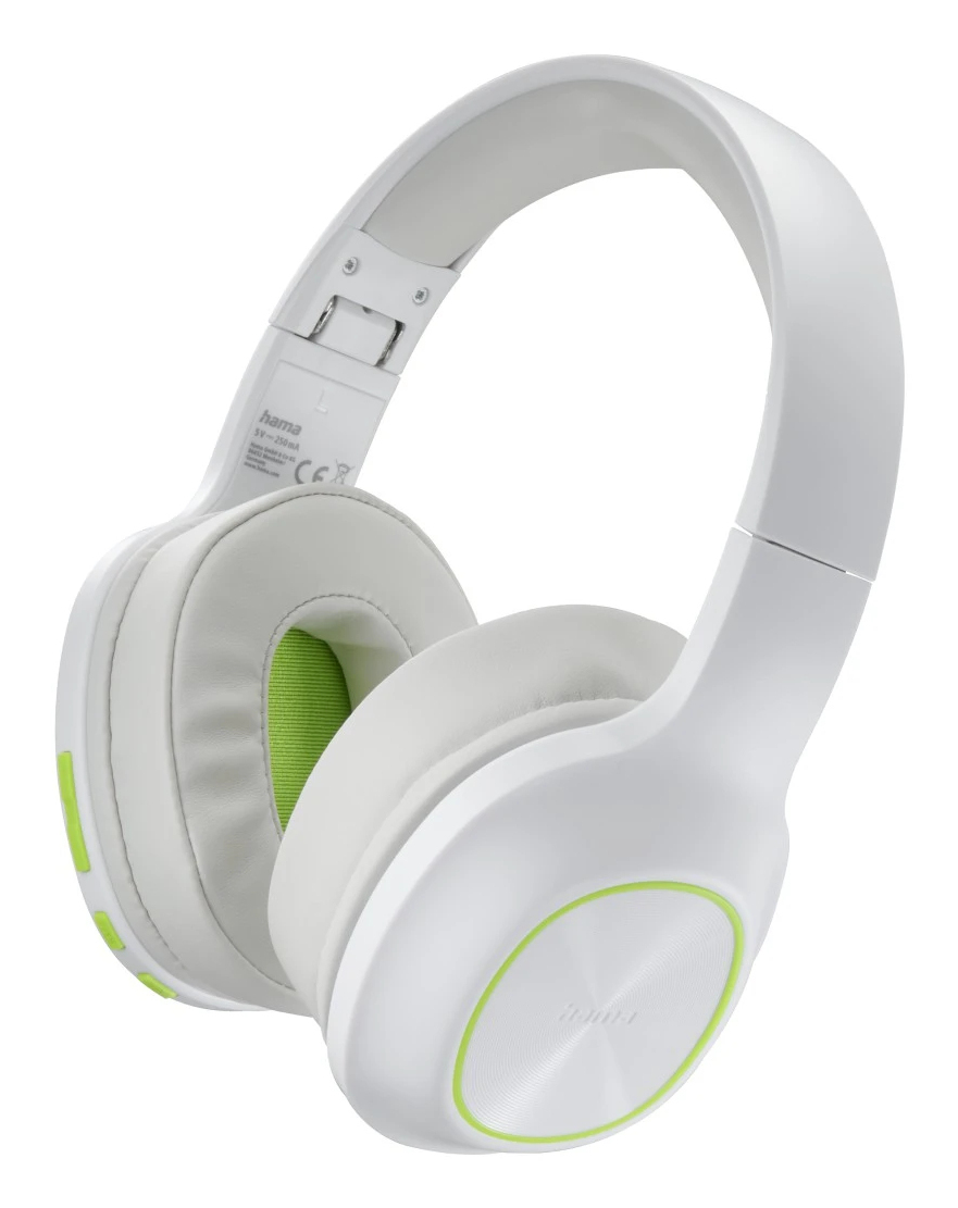 Auriculares blancos con detalles verdes. Los auriculares y la diadema son blancos, con detalles verdes. El fondo es blanco.