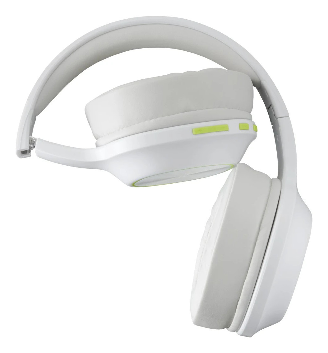 Auriculares blancos con almohadillas grises y diadema blanca. Los auriculares tienen detalles verdes en el lateral.