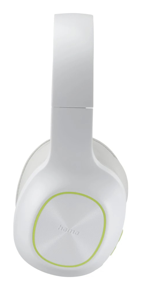 Auriculares blancos con un acento verde. Se ve el nombre de la marca 'hama'. El fondo es blanco.