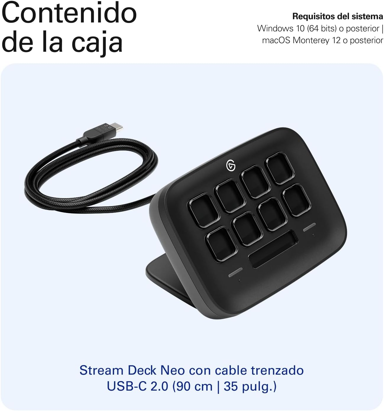 Stream Deck Neo negro con cable USB-C trenzado y texto de requisitos del sistema. El dispositivo tiene múltiples botones.