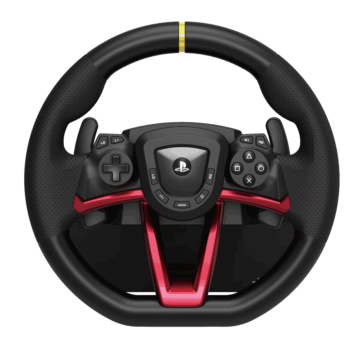Un volante de carreras negro y rojo de PlayStation. Tiene botones, un D-pad y una raya dorada arriba. Diseñado para juegos.