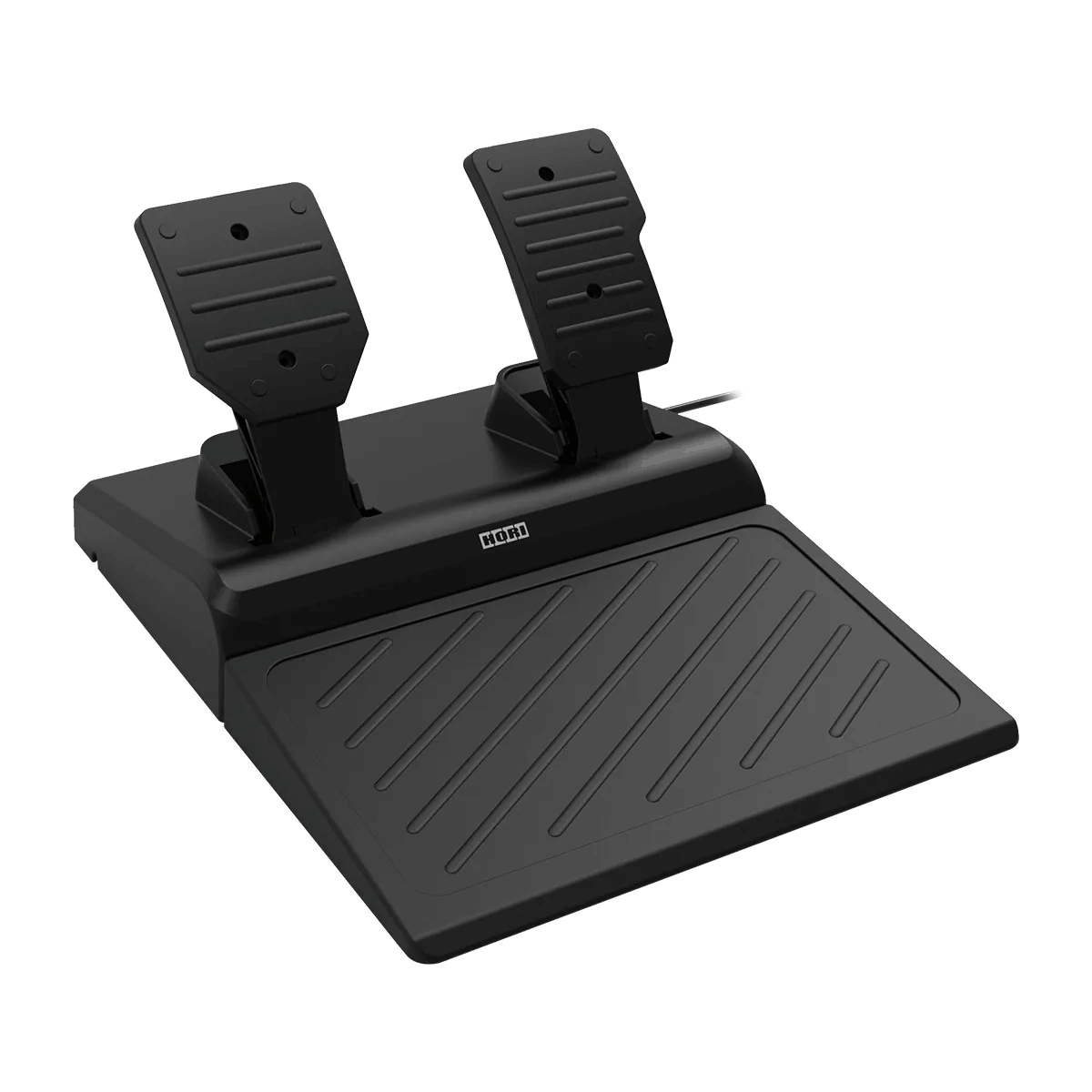 Juego de pedales negro para juegos de carreras. Dos pedales arriba, reposapiés abajo.