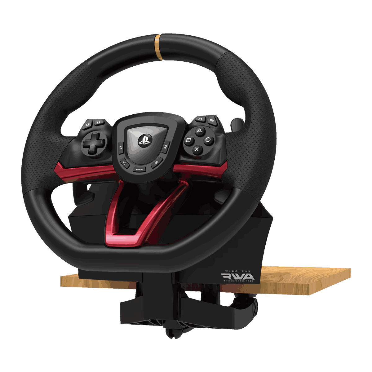 Un volante de juego negro y rojo con botones de control, montado sobre una superficie de madera, con fondo blanco.