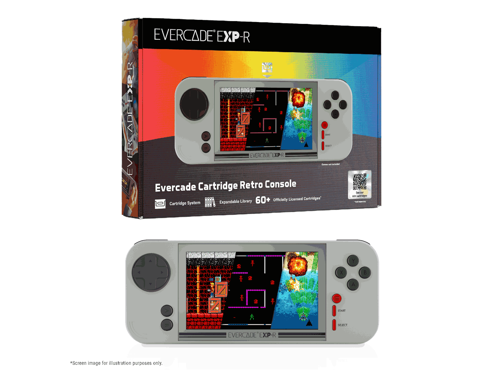 Consola portátil gris Evercade EXP-R, que muestra una pantalla de juego y botones. La caja está en el fondo, mostrando la consola.