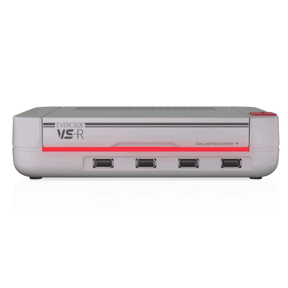 Una consola de juegos Evercade VS-R blanca y gris. Cuenta con una franja roja y cuatro puertos USB en la parte delantera.
