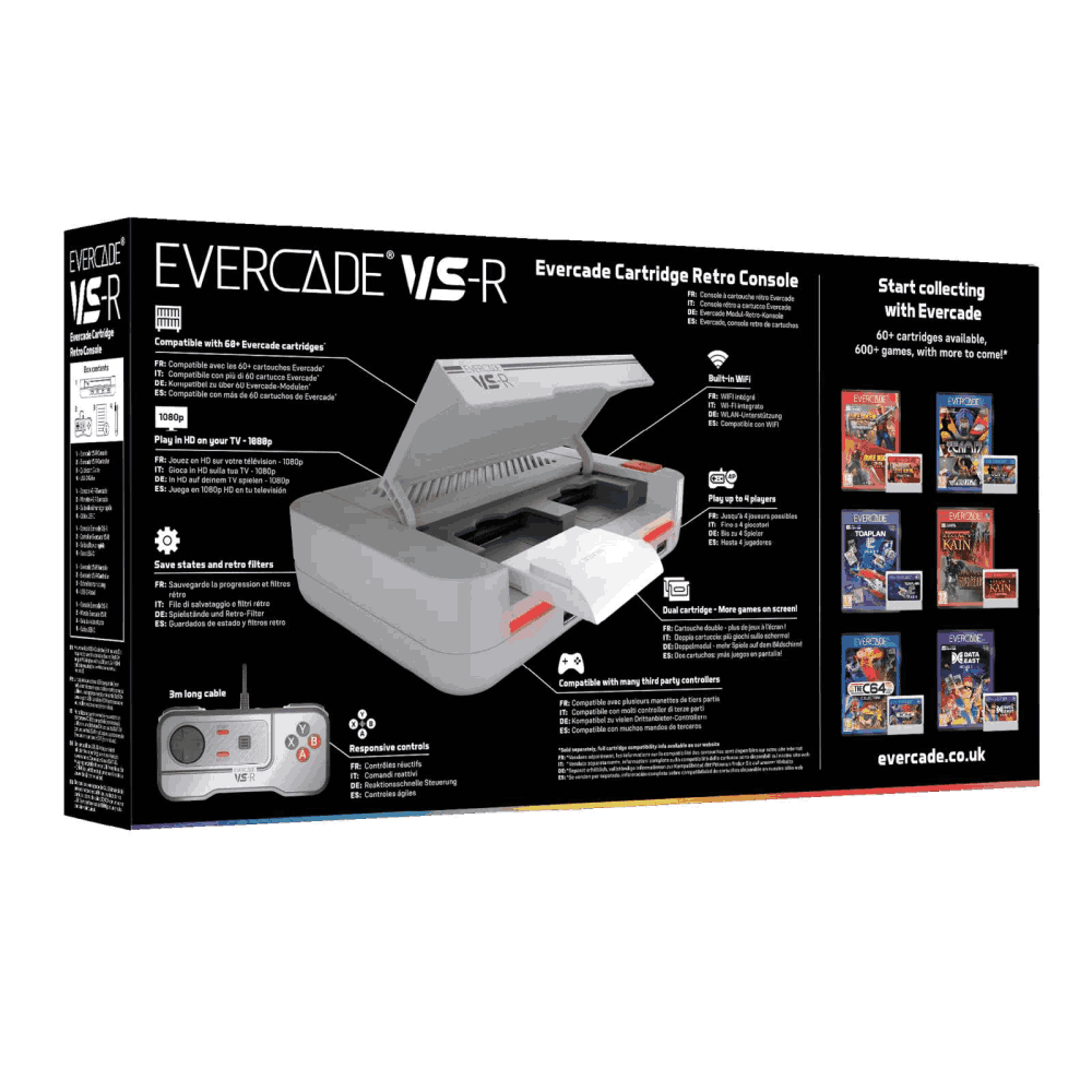 Caja de la consola Evercade VS-R. La consola es gris, con una ranura para cartuchos. Los juegos se muestran a la derecha.
