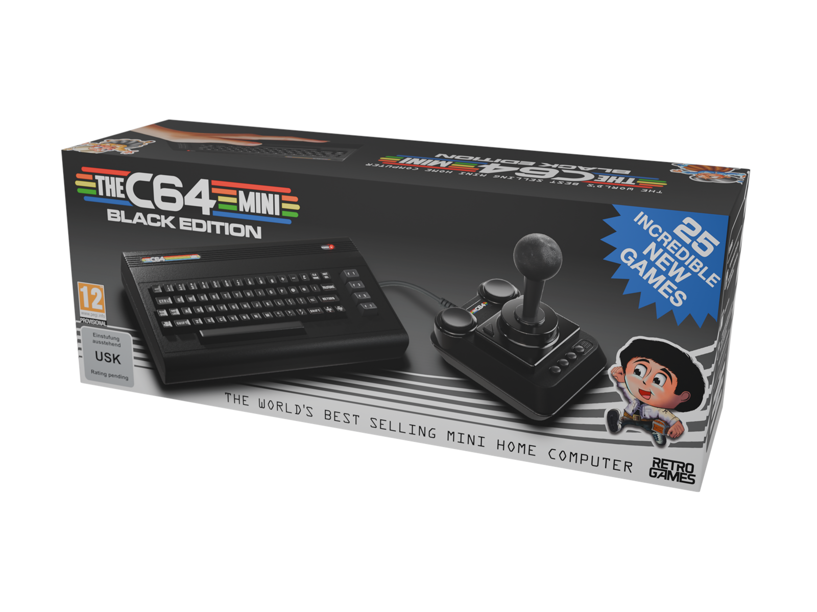 La caja C64 Mini Black Edition. La caja muestra una mini computadora, un joystick y el texto "25 Incredible New Games".