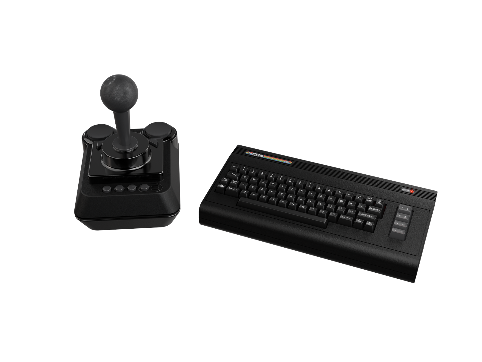 Un joystick negro con una perilla grande y un teclado negro. Ambos sobre un fondo blanco.