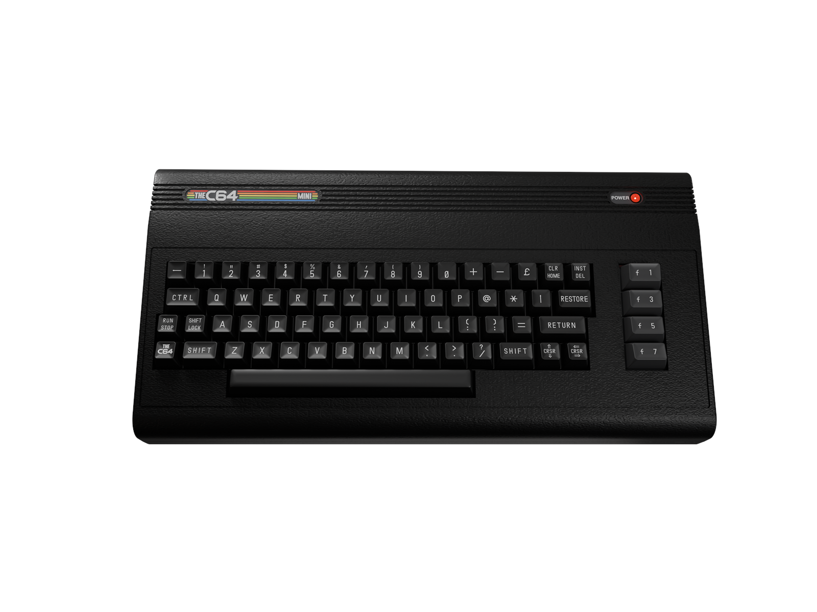 Ordenador The C64 Mini negro, con teclado y teclas de función. El botón de encendido está encendido. El fondo es blanco.