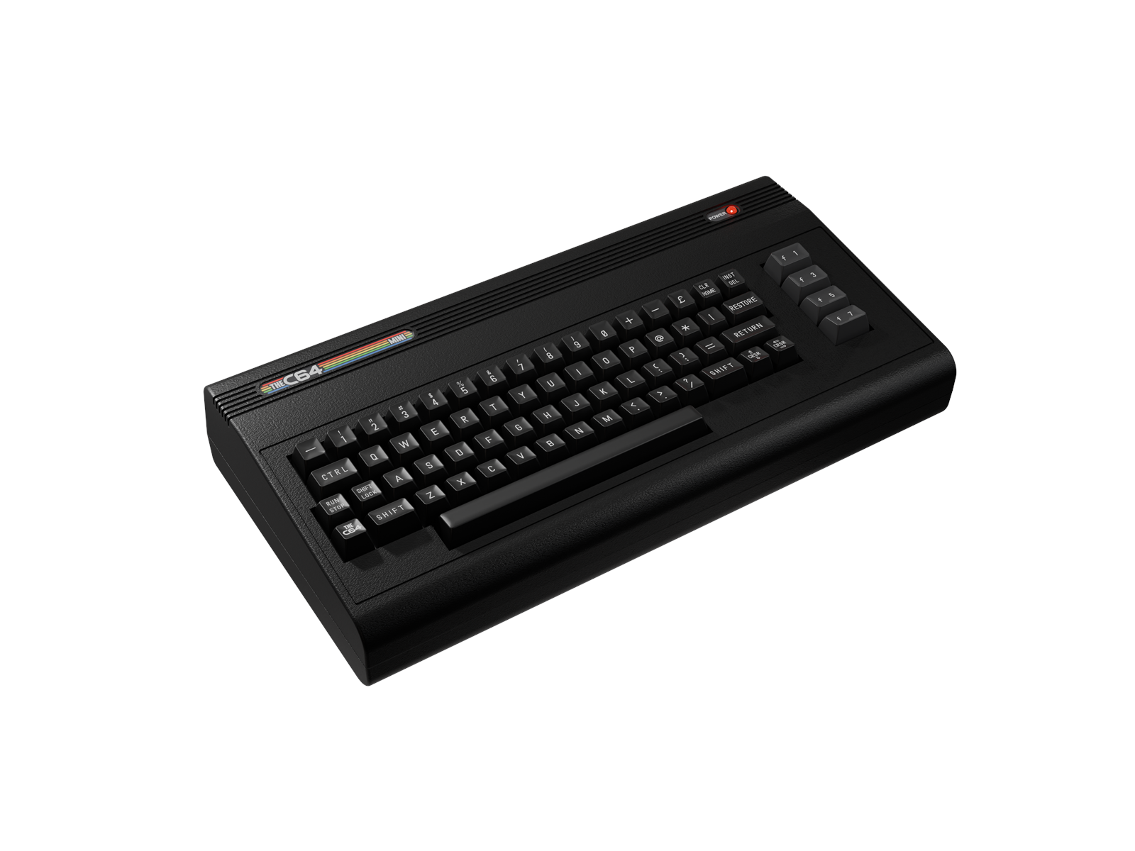 Se muestra una computadora Commodore 64 Mini negra, con teclado y botón de encendido. Está aislada sobre un fondo blanco.
