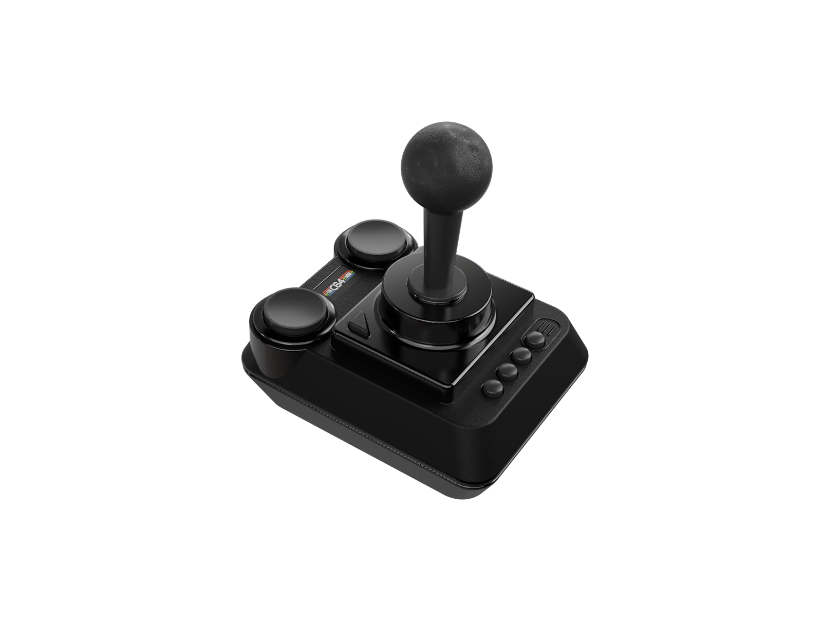 Joystick negro con una bola superior, dos botones y cuatro botones más pequeños. La base tiene forma cuadrada, sobre fondo blanco.