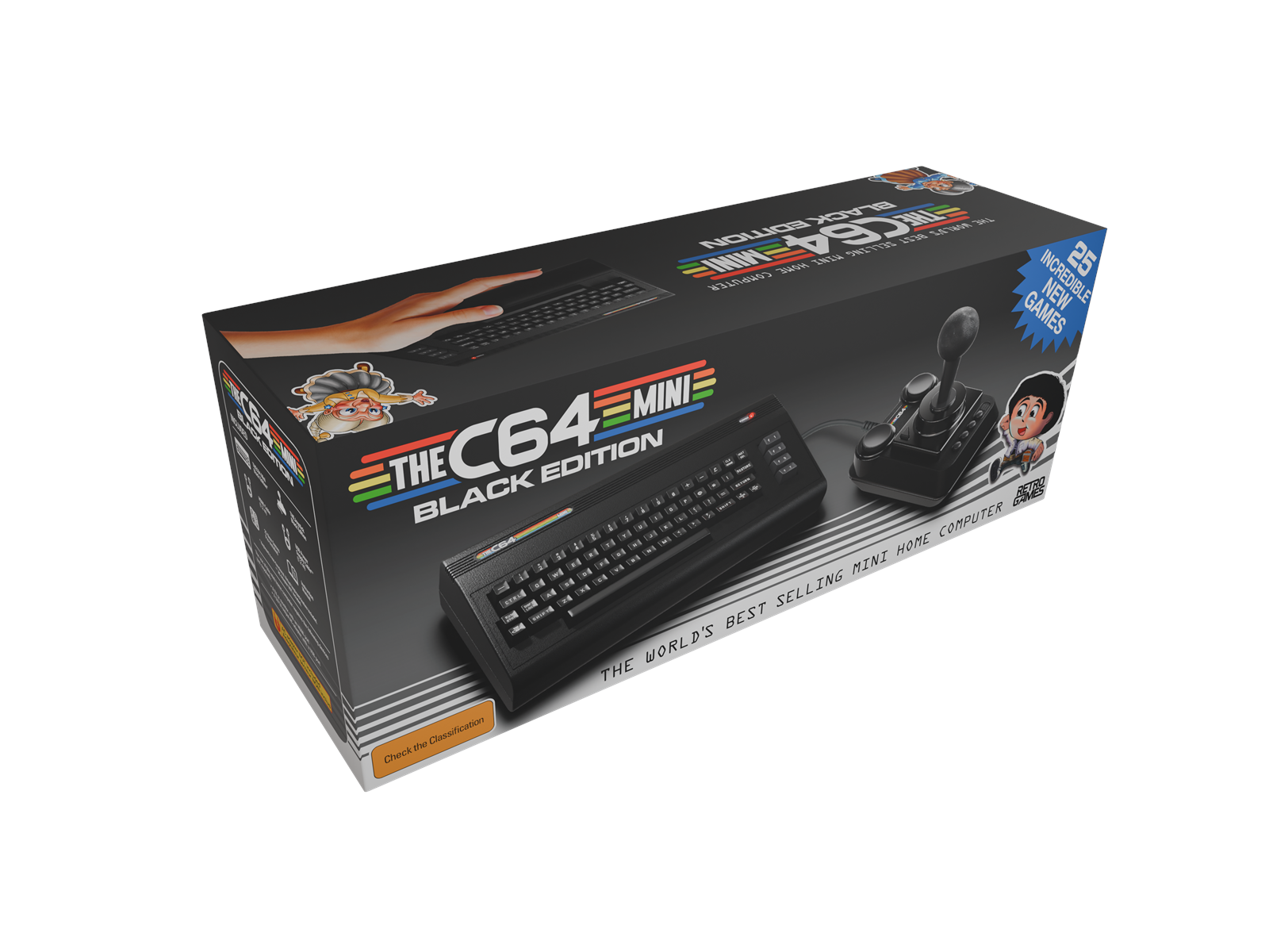 Una caja negra de C64 Mini con teclado, joystick y juegos en la caja. La caja dice: 'The C64 Mini Black Edition'.
