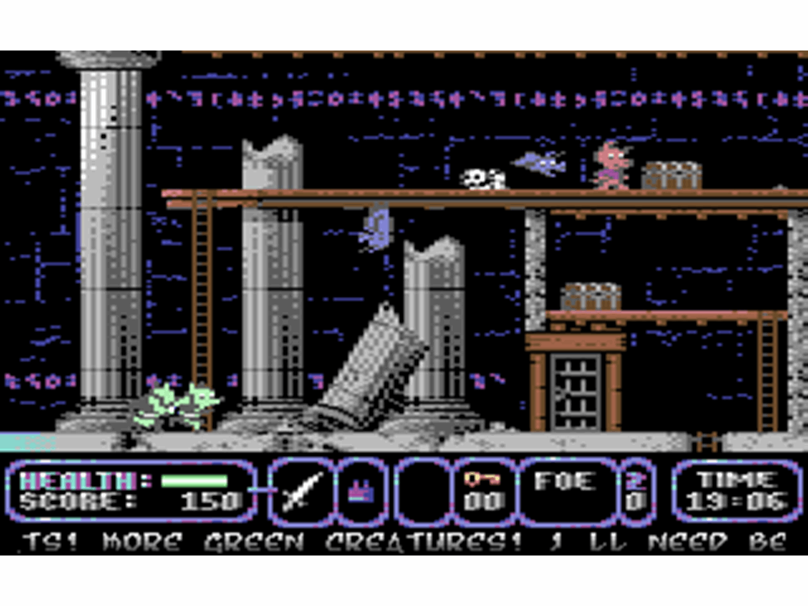 Pantalla de videojuego retro. Personajes en plataformas, con columnas y escaleras. Salud y puntuación se muestran abajo.