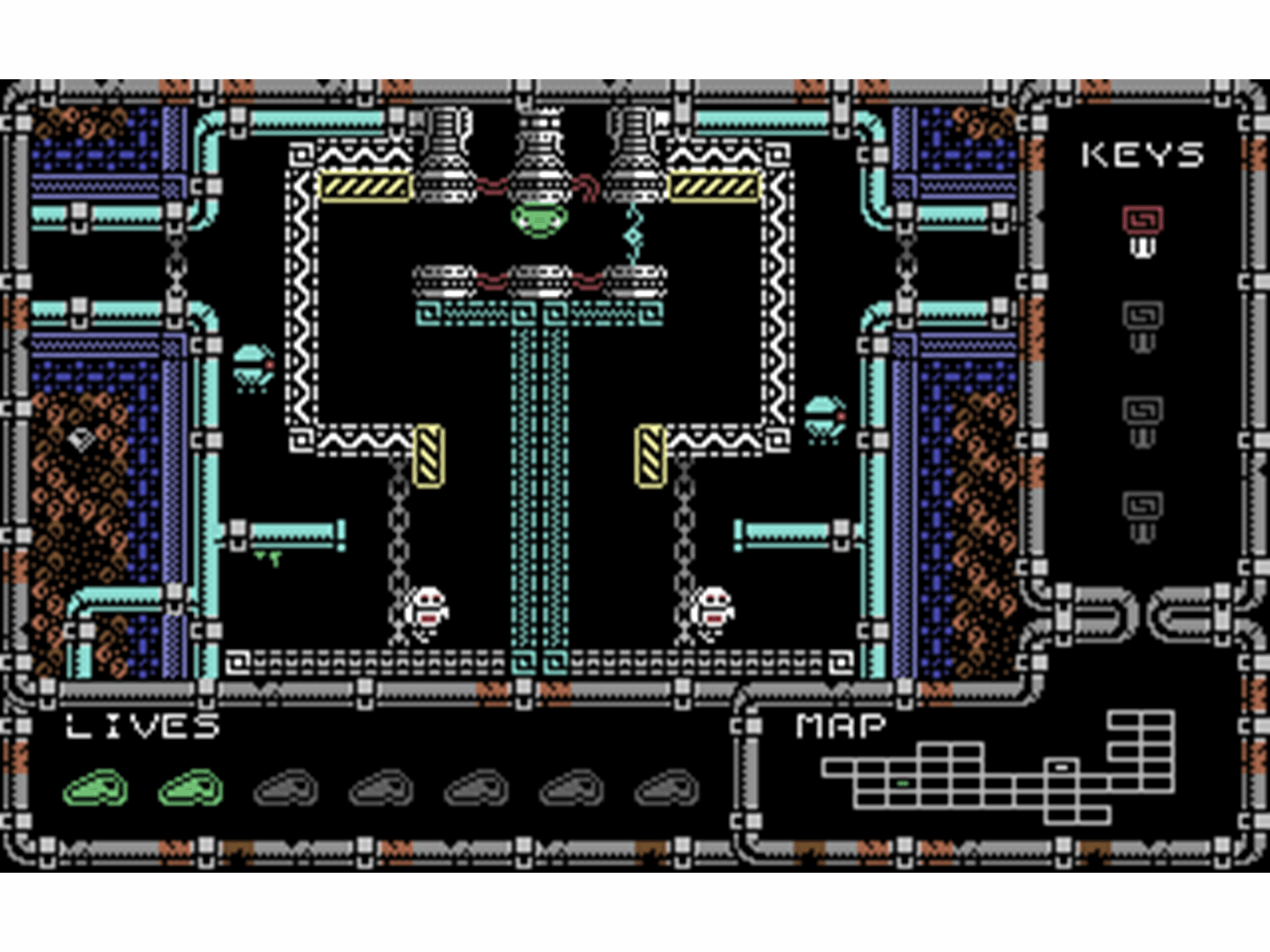 Una pantalla de videojuego pixelada. Presenta una estructura laberíntica con personajes, llaves y vidas mostradas en la interfaz.