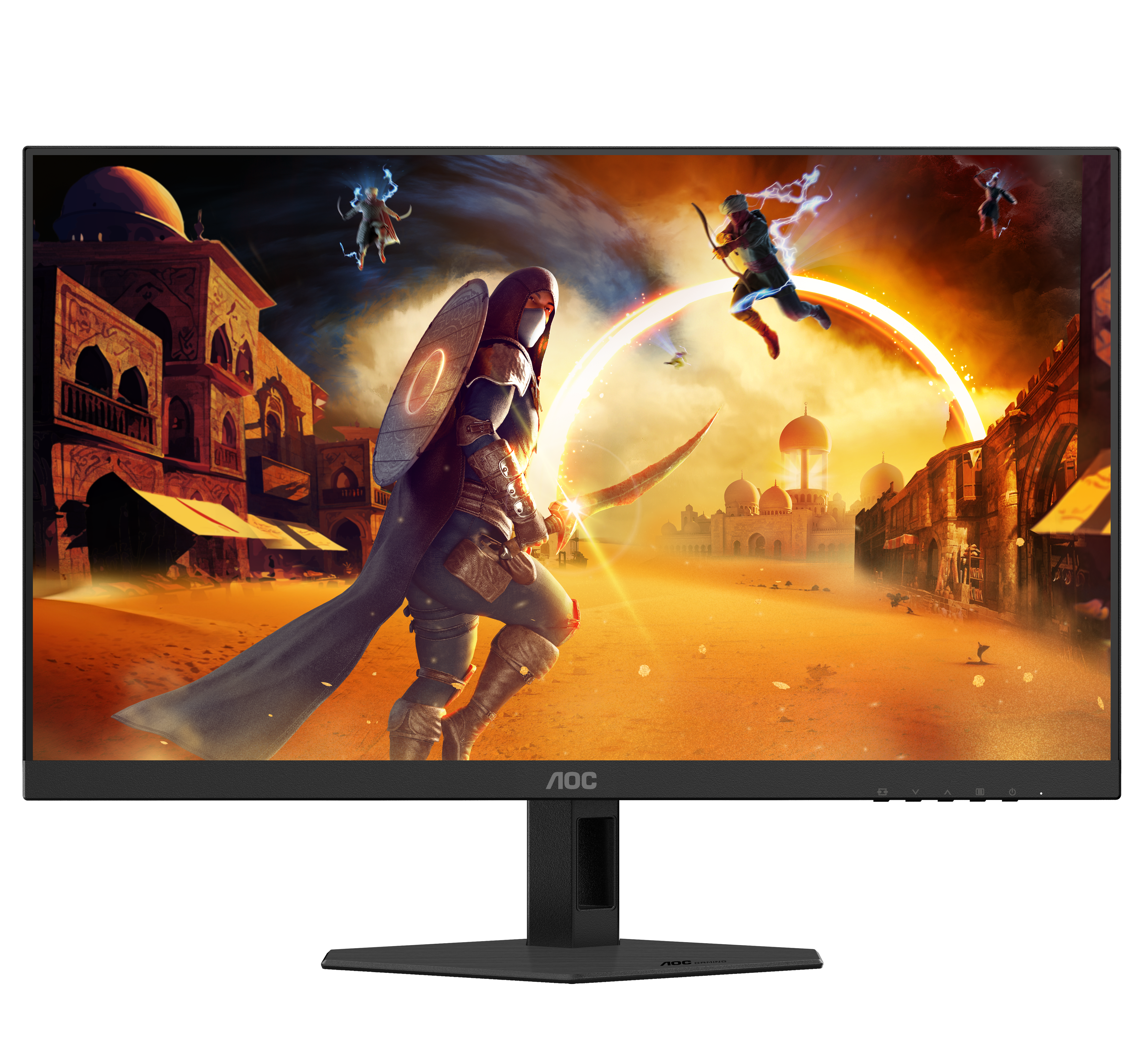 Ein AOC-Monitor zeigt eine Fantasy-Szene mit Kämpfern vor einer Stadt in der Wüste.