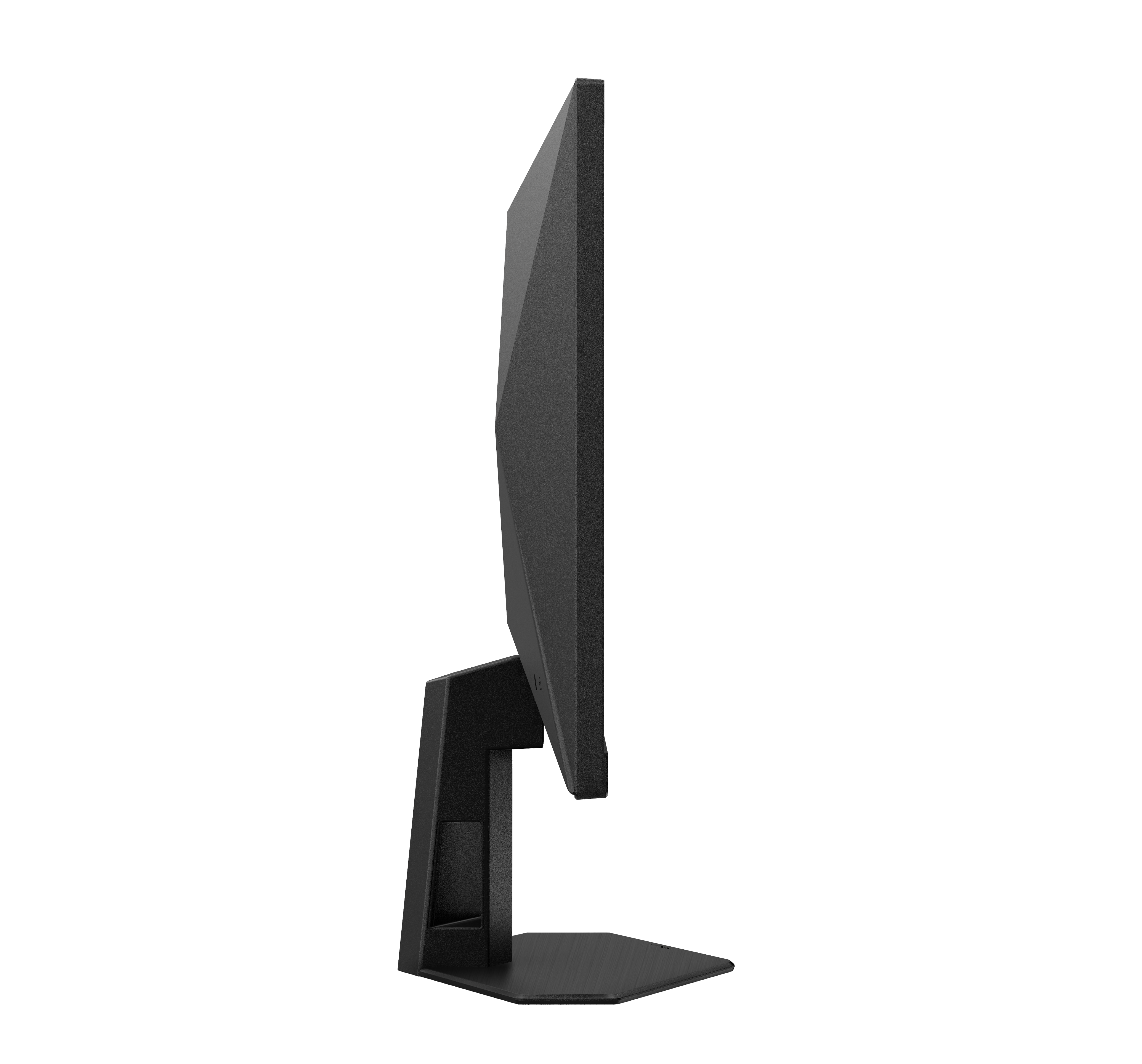 Eine Seitenansicht eines schwarzen Computermonitors auf einem Standfuß vor schwarzem Hintergrund.