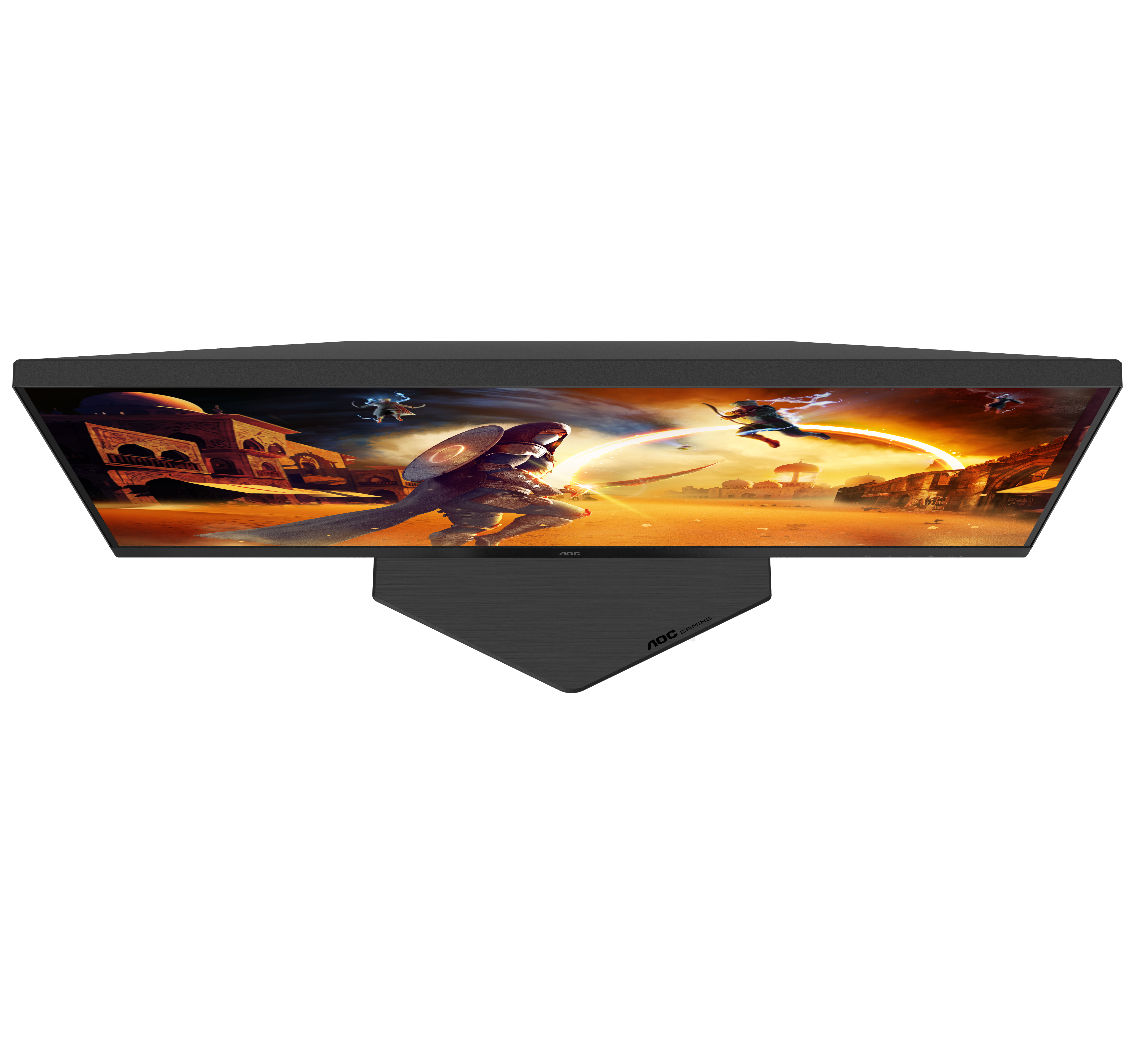 Ein AOC-Gaming-Monitor zeigt eine Wüsten-Fantasyszene mit Kriegern vor schwarzem Hintergrund, von oben betrachtet.