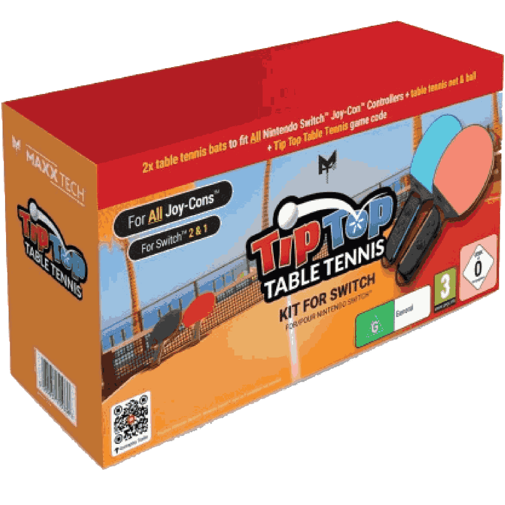 Caja del juego Tip Top Table Tennis. Incluye dos paletas de tenis de mesa, una red y una pelota. Para Nintendo Switch.