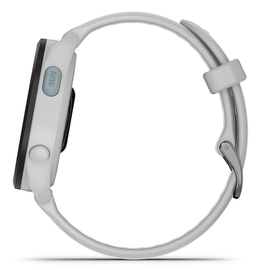 Widok z boku białego smartwatcha. Posiada czarny ekran, szary przycisk 'RUN' i biały pasek.