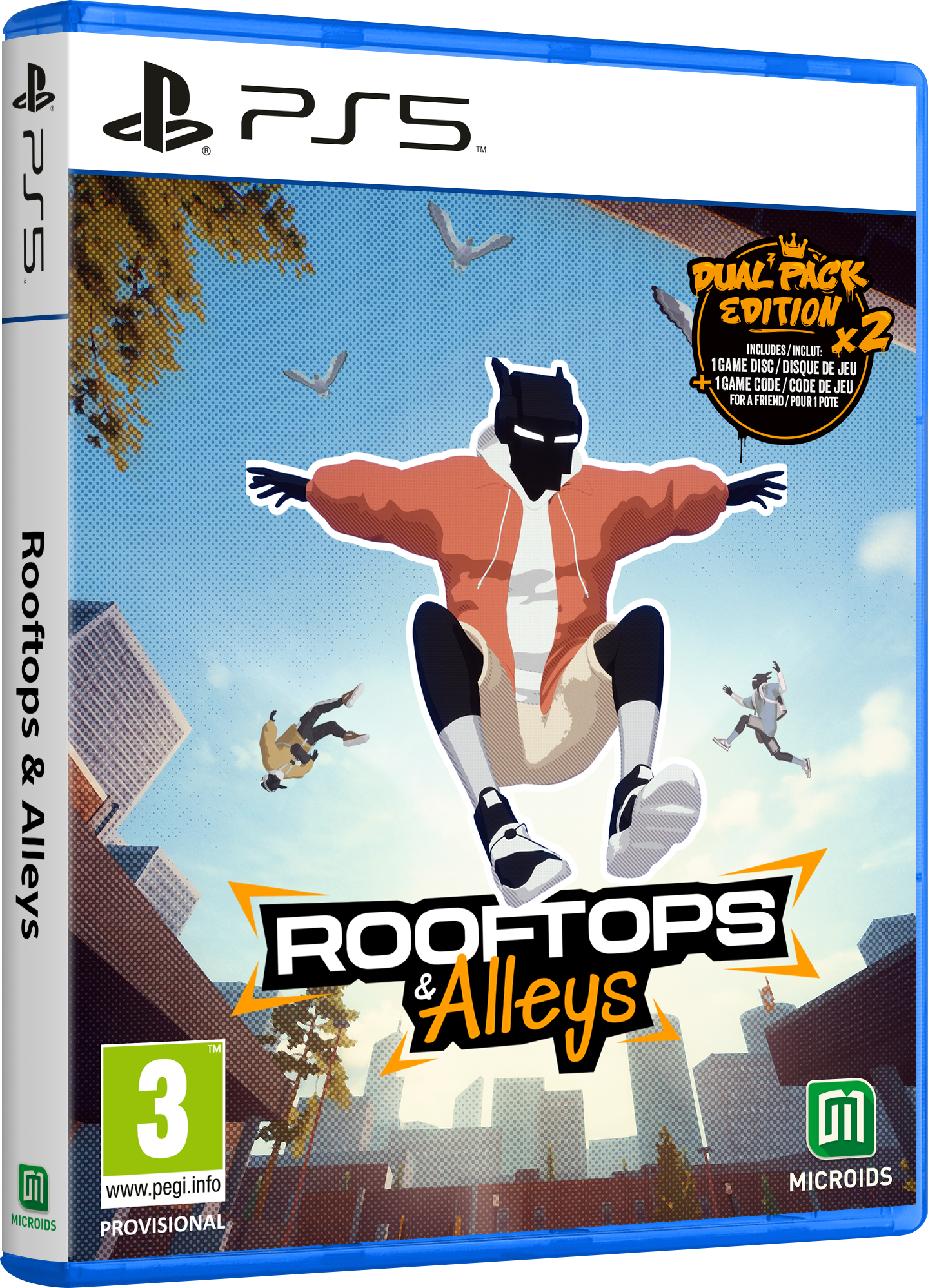 Arte de la caja del juego de PS5. Una figura en el aire, chaqueta naranja, pantalones negros y zapatos blancos. Título: Rooftops & Alleys. Fondo: cielo y edificios.