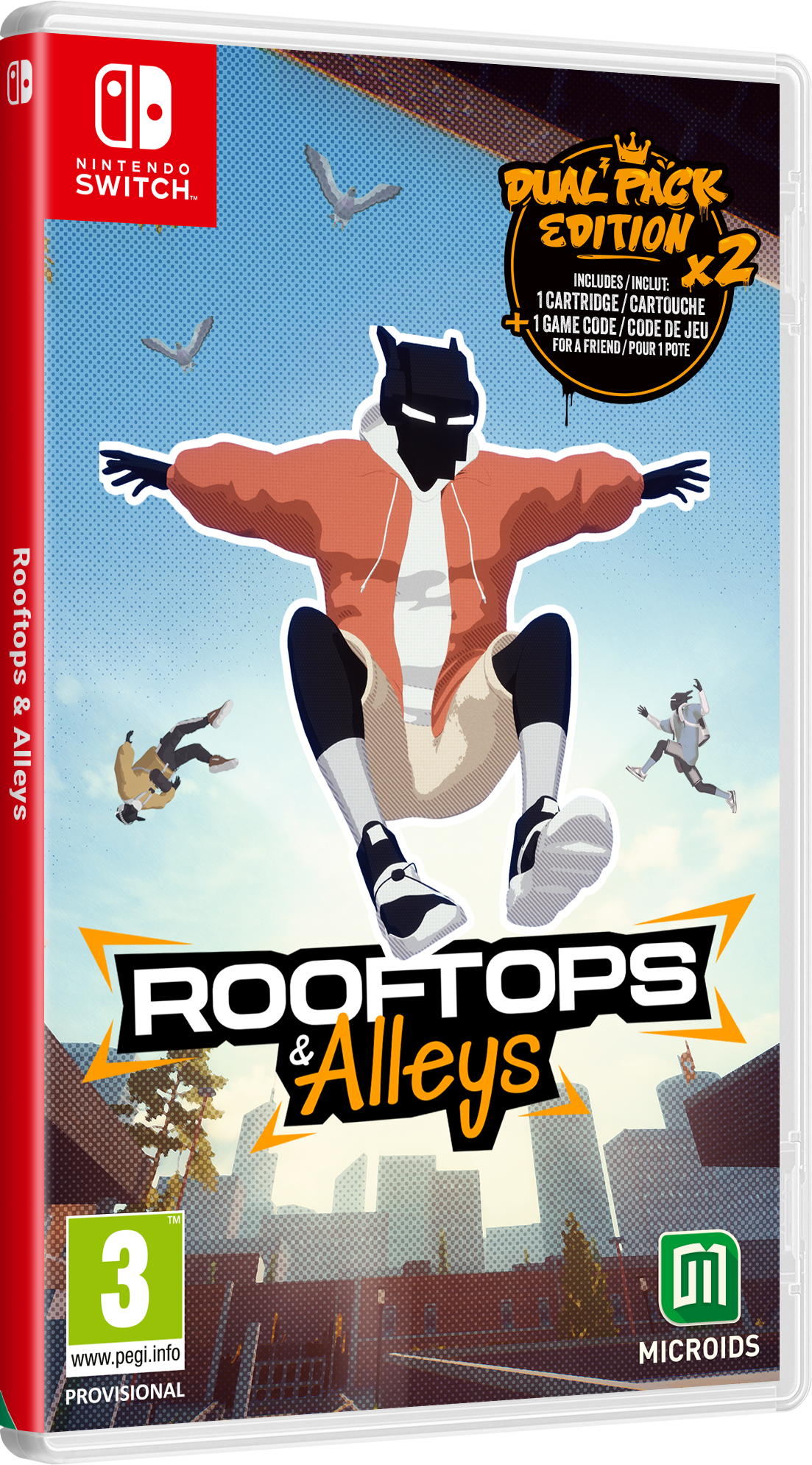 Portada del juego 'Rooftops & Alleys'. Un personaje con sudadera naranja salta. El fondo muestra otros personajes saltando y un paisaje urbano.
