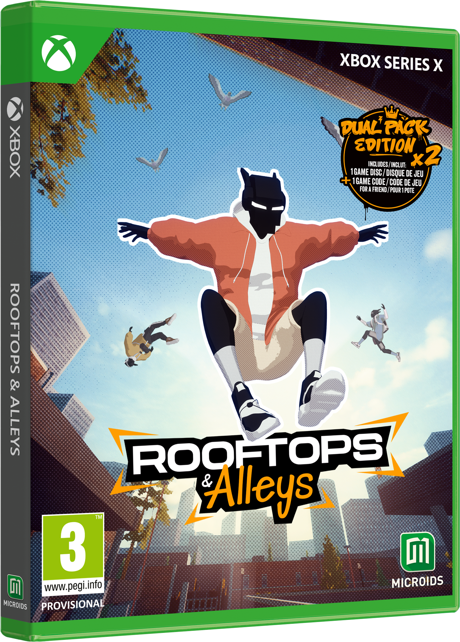 Caja del juego Xbox Series X. Un personaje con sudadera naranja salta sobre tejados. El título del juego es Rooftops & Alleys.